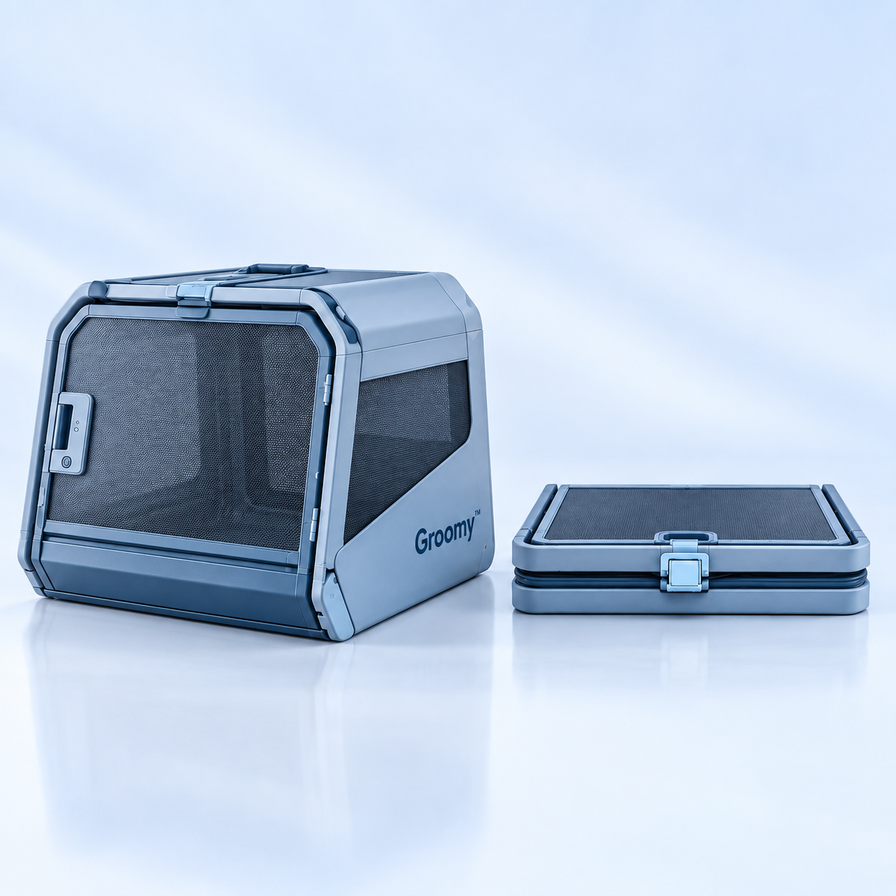 Groomy foldable pet carrier, assembled and folded flat.