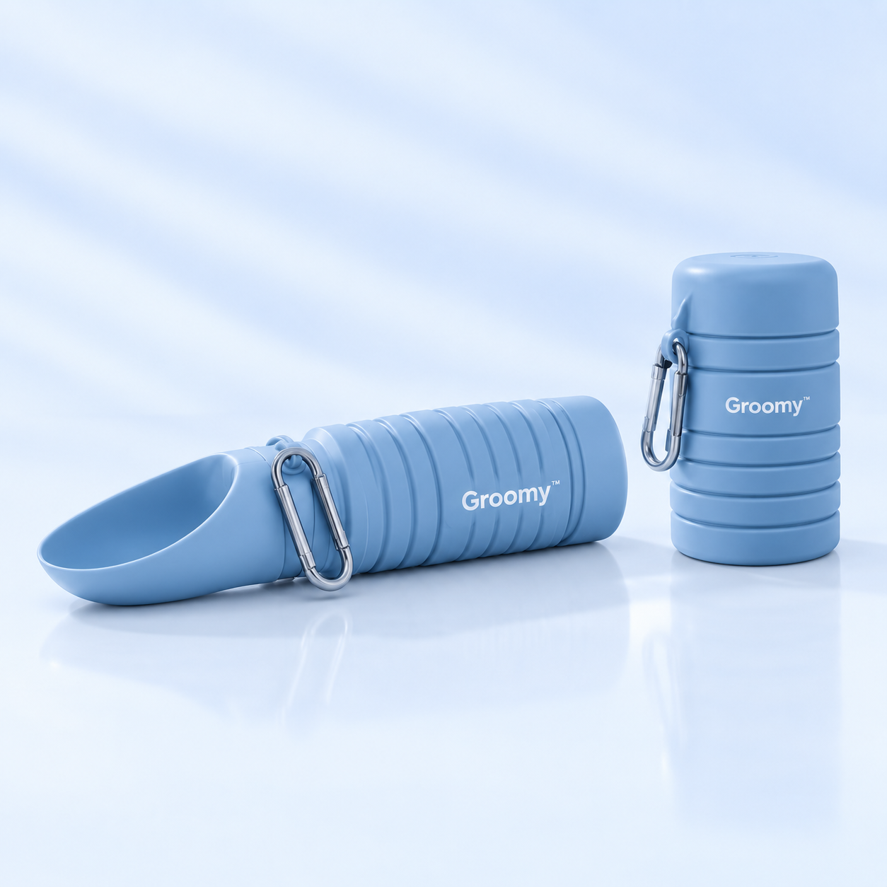 Groomy hydration bottle with built-in bowl, extended and collapsed.