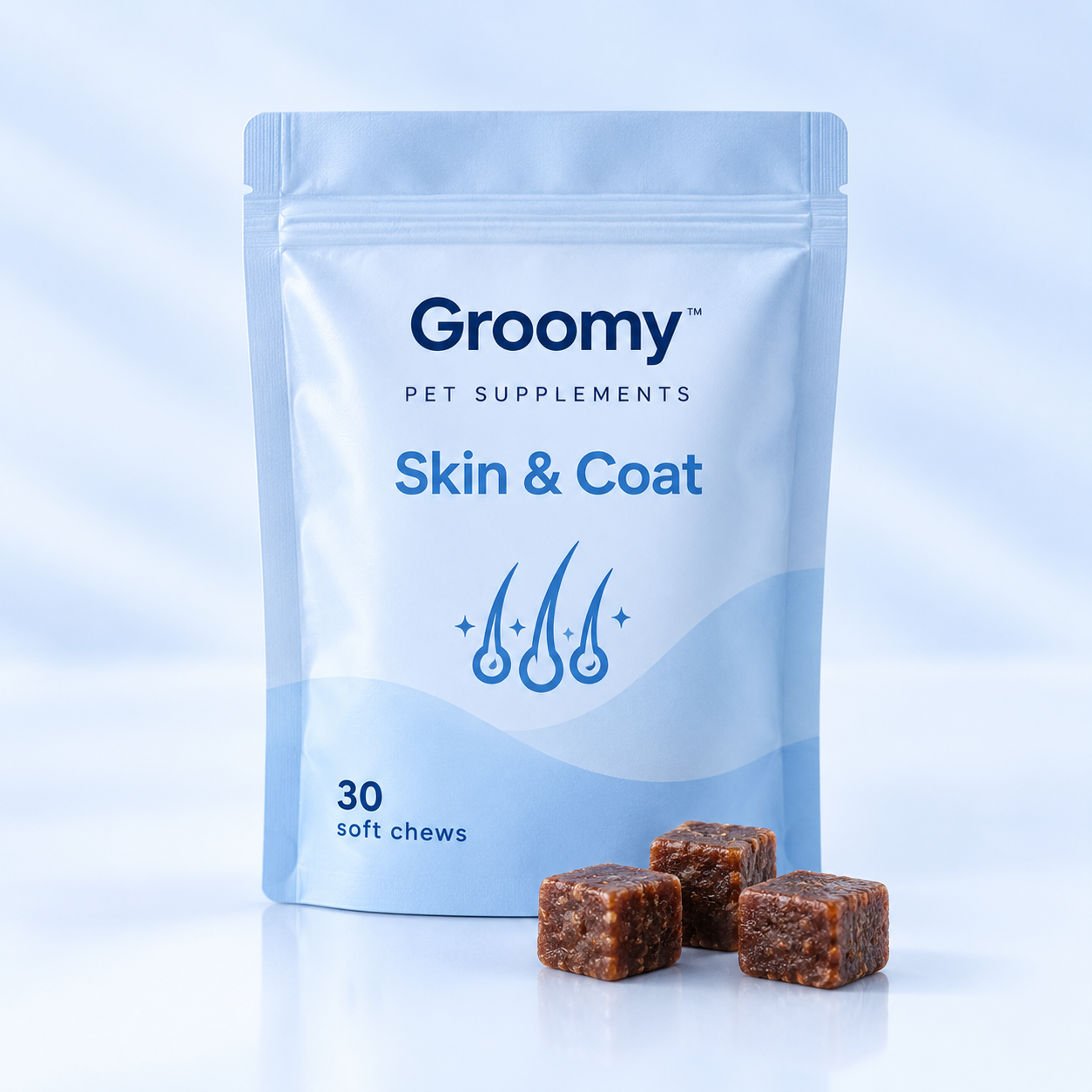 Groomy Skin & Coat Soft Chews soft chews pouch with three chews.