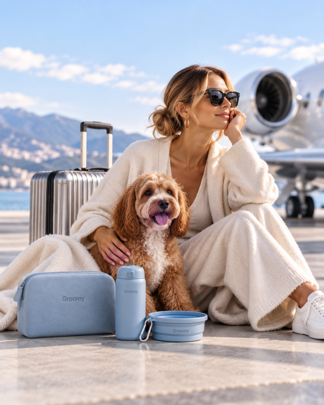 Woman and cockapoo relaxing by a private jet with the Groomy suede pouch, hydration bottle and travel bowl.